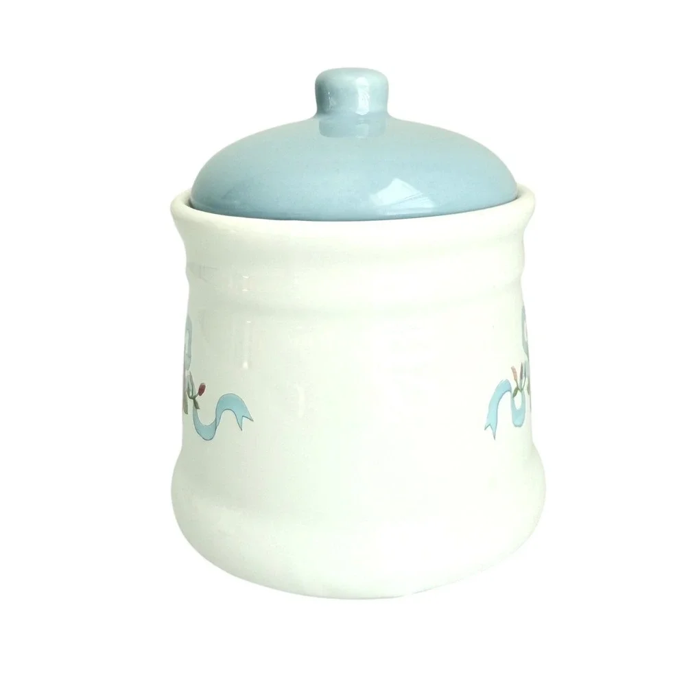 Floral Rose Musical Ceramic Canister White Blue Ribbon Cottagecore 5
